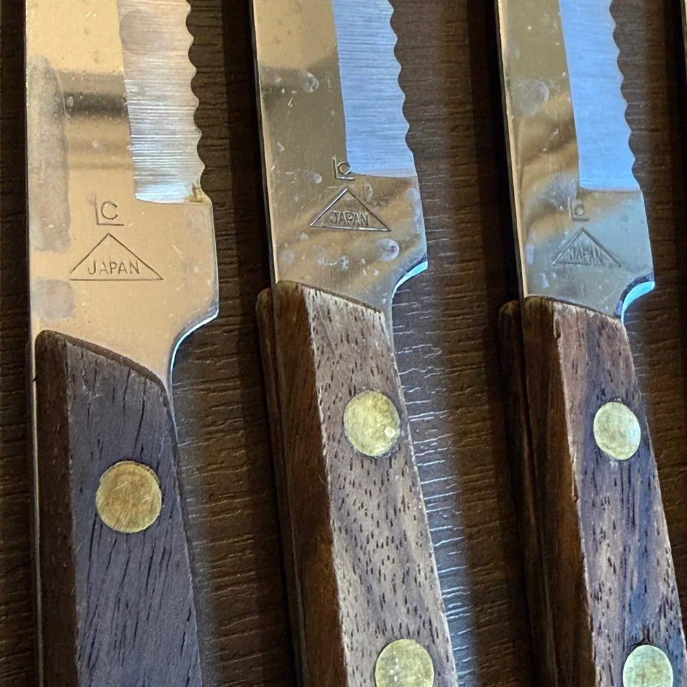 Vintage LC Japan Stainless Steel Serrated Steak Knives Wood Handle Set of 5